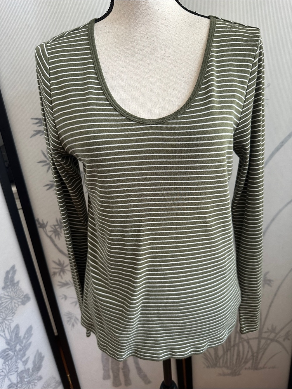Olive Green Striped Scoop-Neck Long Sleeve Top